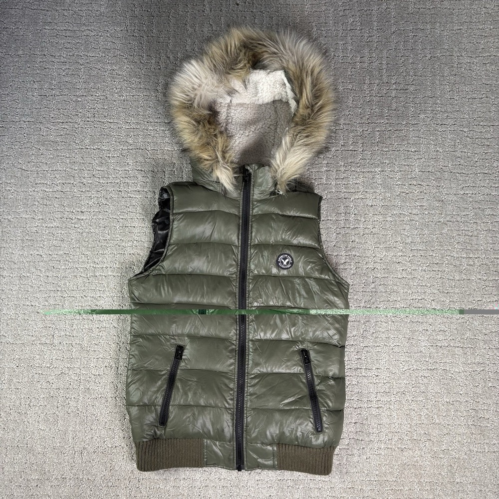 American Eagle Outfitters Duck Down Quilted Puffer Vest Green Zip Up Hood Small